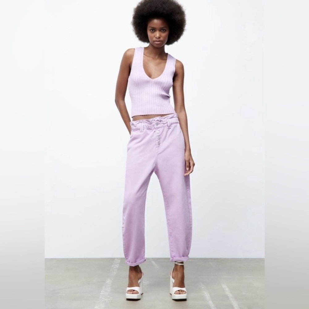 ZARA High Waisted Baggy Cropped Paper Bag Denim In Lavender Size 6/28 ✨NWT✨
